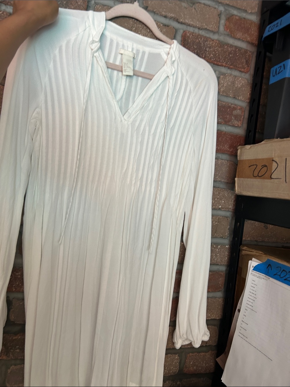 H & M White Pleated Long-Sleeve Tunic Dress